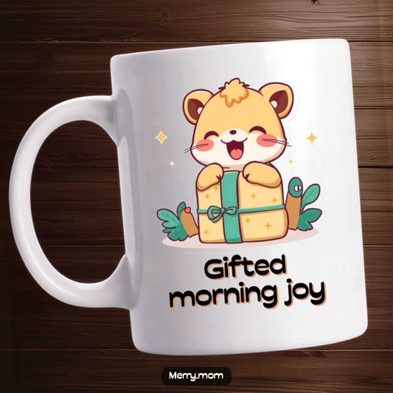 Happy Animal Gift Mug, showing a delighted animal enthusiastically unwrapping a present with pure excitement and joy.