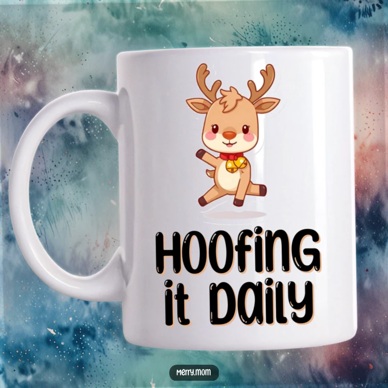 Funny mug of a playful reindeer with rosy cheeks, joyfully prancing and jingling with festive bells, embodying holiday cheer.
