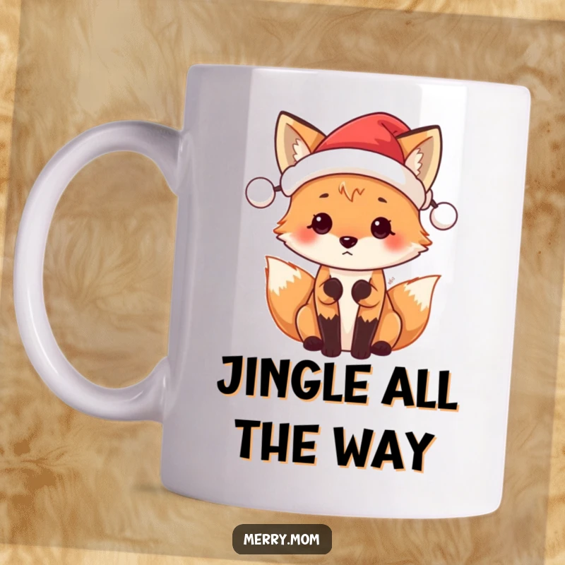 Funny Santa Fox mug with a cute fox wearing a tiny Santa hat, looking forward with festive anticipation.