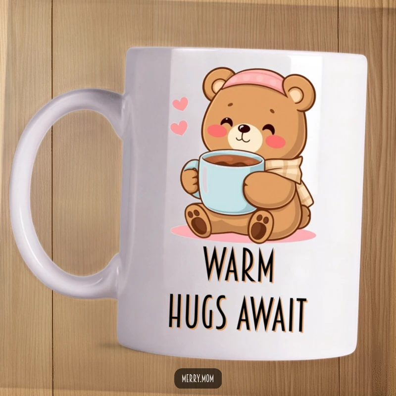 Kawaii bear mom character with a gentle smile, offering a warm mug of steaming cocoa, a symbol of comfort and love.