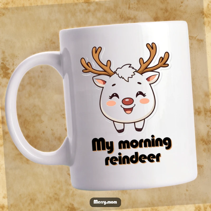 Funny mug featuring a creature wearing festive reindeer antlers and a big, broad smile, radiating holiday happiness.