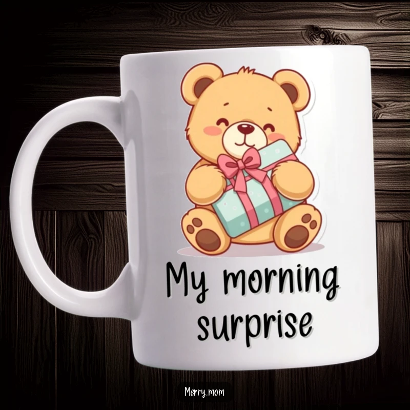 Funny mug showcasing a kawaii teddy bear, hugging a wrapped present with immense delight and cuddly joy.