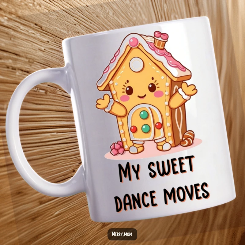 Funny mug featuring a dancing gingerbread house with icing, spreading sweet holiday cheer and joy, perfect for coffee lovers.