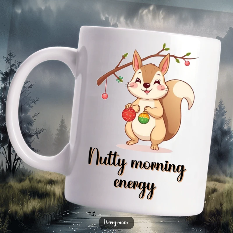 Funny Squirrel Christmas Mug showing a cheerful squirrel busily hanging tiny ornaments on a small branch.