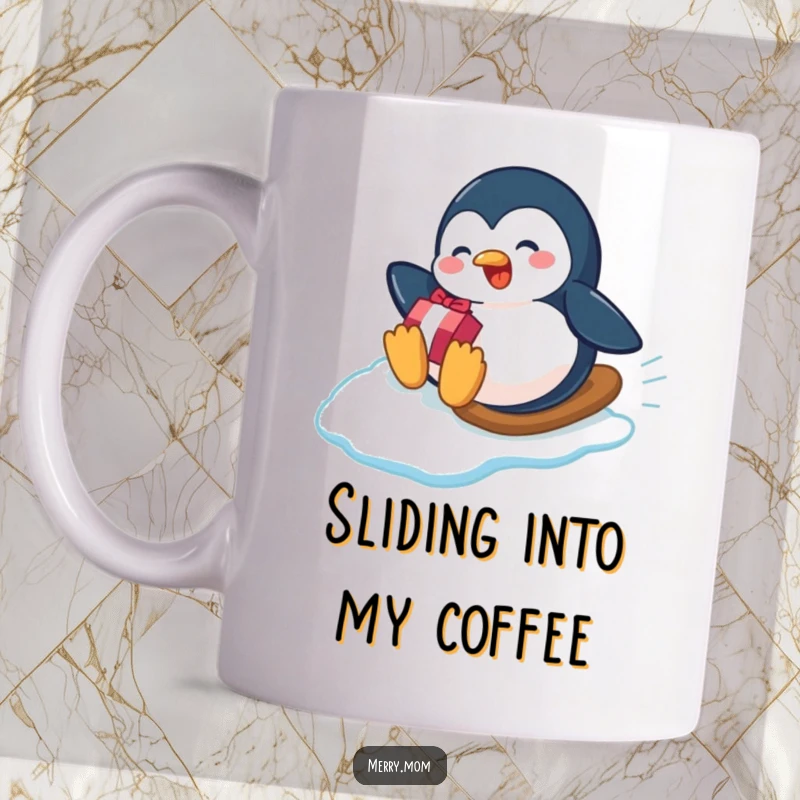 Funny playful penguin sliding down an icy slope with a gift on a mug, capturing winter adventure humor.