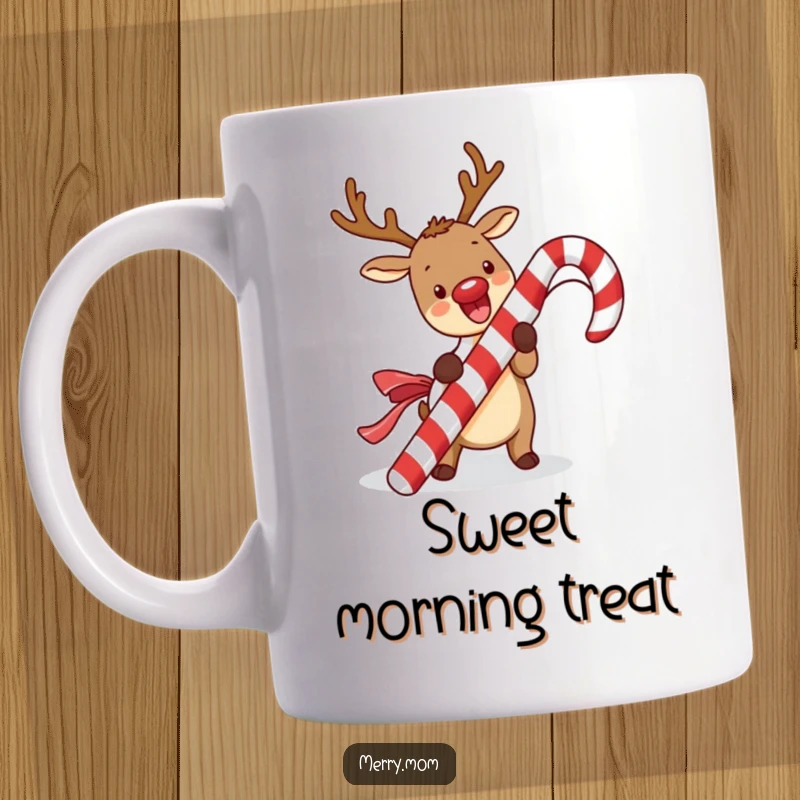 Funny kawaii reindeer mug featuring a reindeer excitedly unwrapping a giant candy cane with wide, happy eyes and festive spirit.