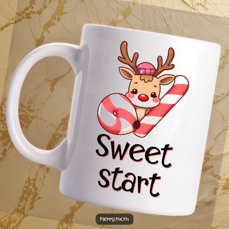 Cute smiling reindeer peeking playfully from behind a giant candy cane on a mug, embodying sweet holiday mischief and joy.