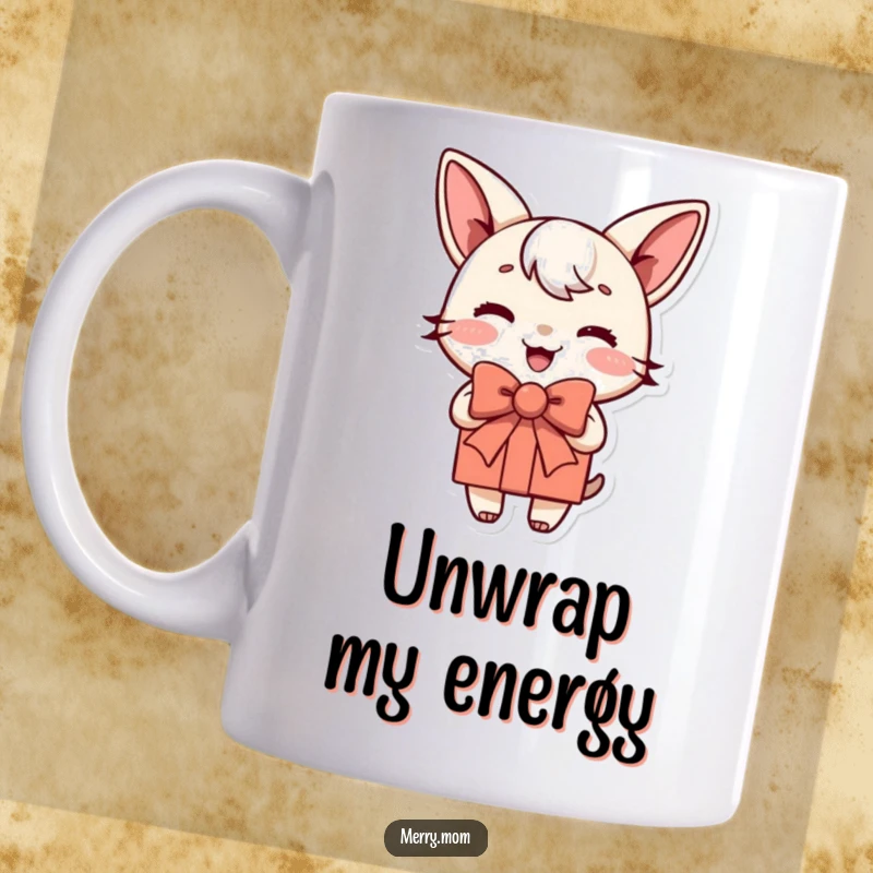 Funny mug with a joyful present character, complete with a jauntily tied bow, spreading cheer and excitement.