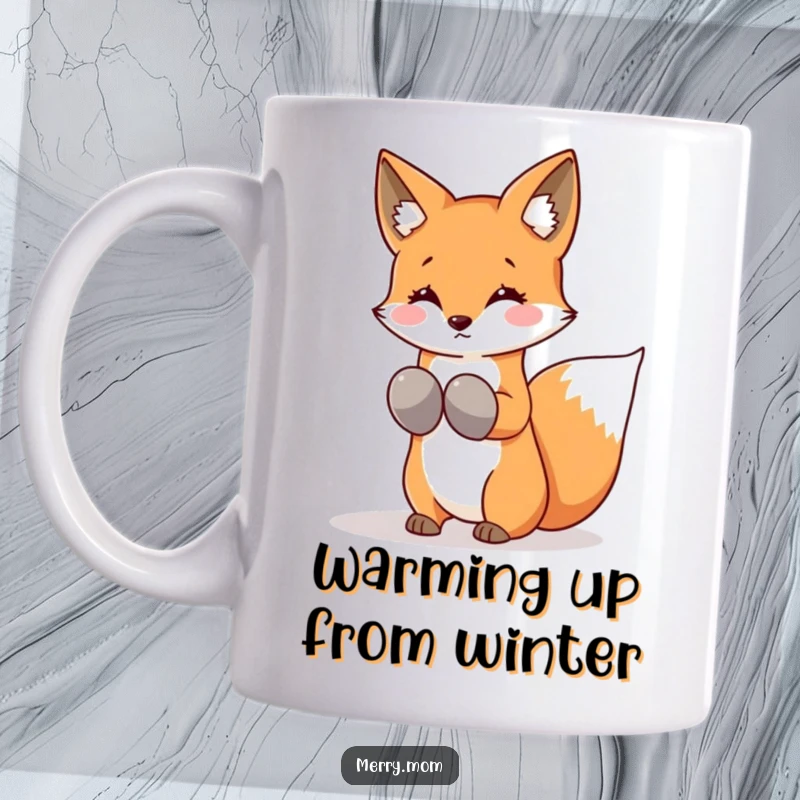 Funny Kawaii Fox Mug wearing mittens and shaking snowflakes from its tail, looking playful and cute.