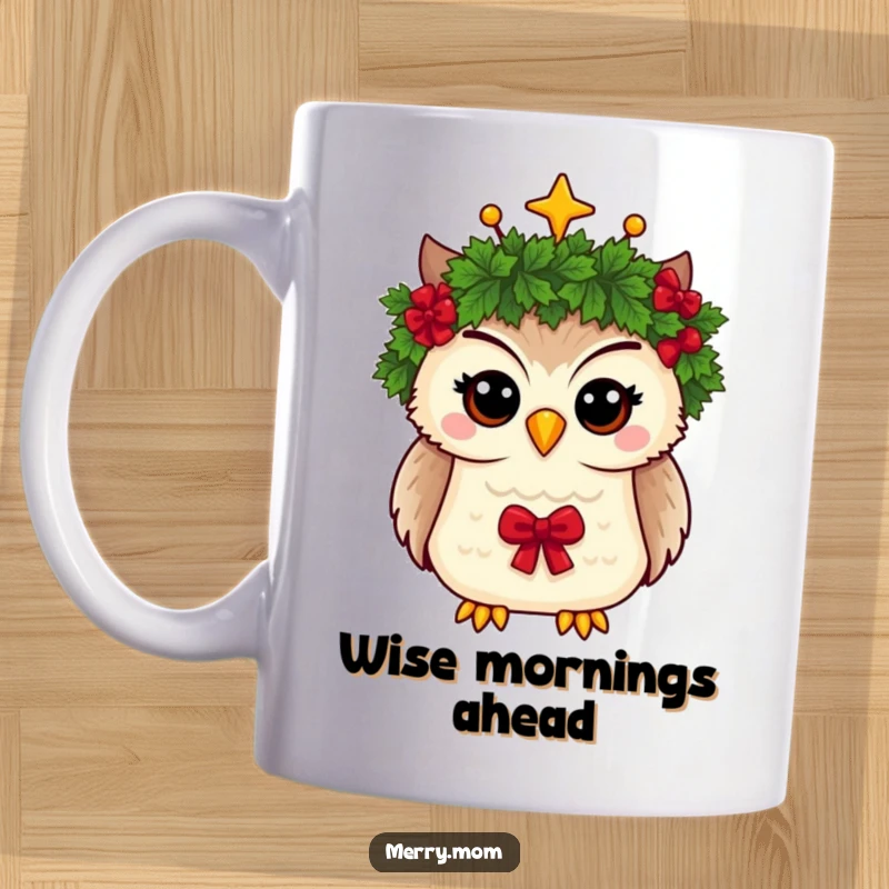 Funny mug depicting a wise owl adorned with a Christmas wreath acting as a crown, conveying holiday spirit.