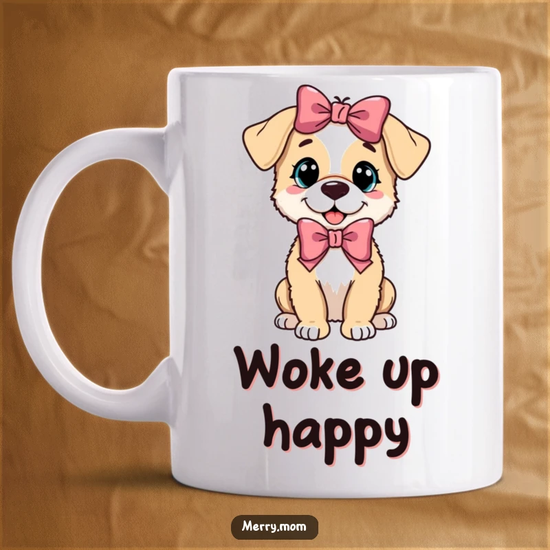 Funny playful puppy wearing a festive bow, sitting happily on a mug, celebrating canine charm.
