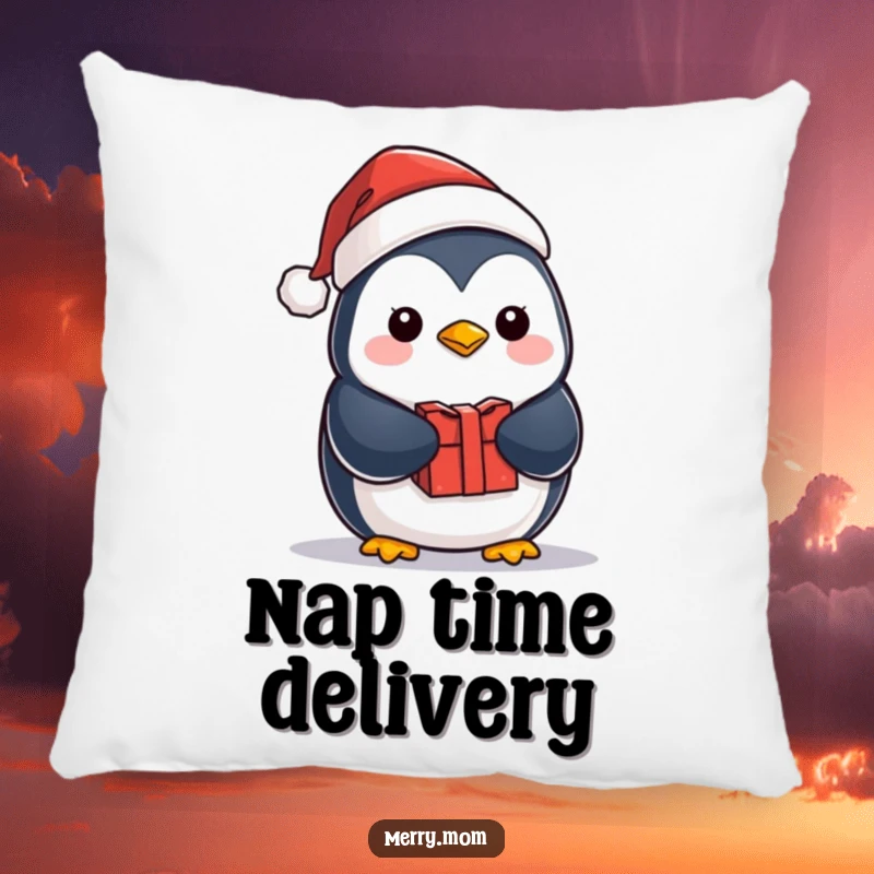 Funny kawaii penguin wearing a Santa hat and holding a gift, depicted as a soft and charming decorative pillow.