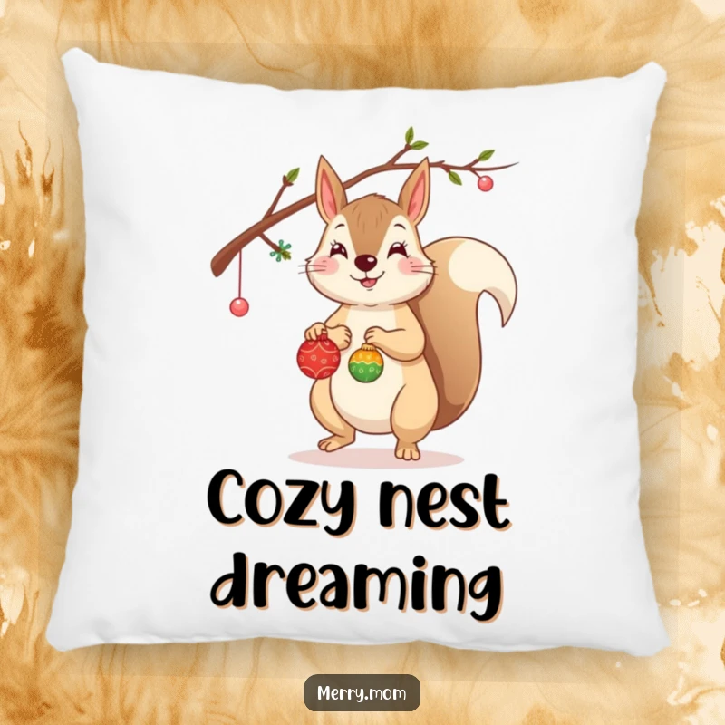 Funny Squirrel Pillow with a cheerful squirrel hanging tiny ornaments on a branch, perfect for comfort.