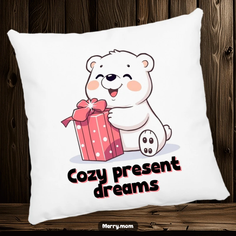 Funny pillow designed with a smiling polar bear character joyfully unwrapping a sparkly gift, offering plush comfort and holiday cheer.