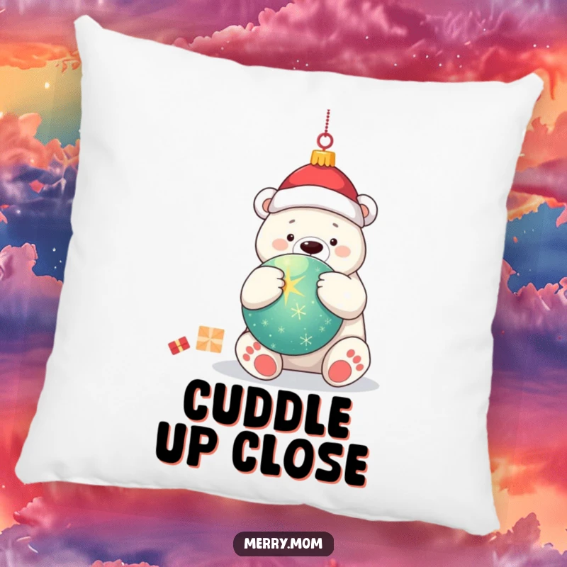 Funny kawaii polar bear hugging a large, twinkling Christmas ornament, depicted as a soft and comforting decorative pillow.