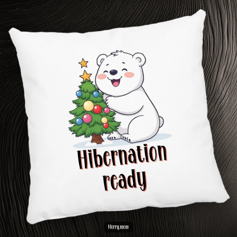 Funny Polar Bear Pillow with a joyful polar bear building a small, decorated Christmas tree, perfect for comfort.
