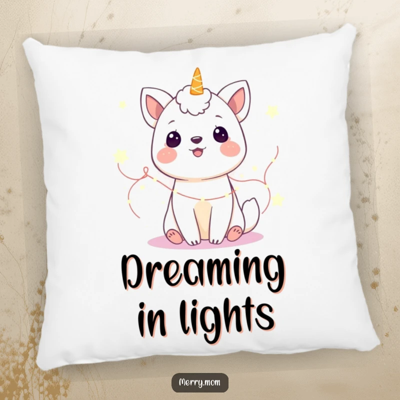Funny Pillow: A soft cushion featuring a joyous animal illuminated by twinkling fairy lights, adding magical comfort.