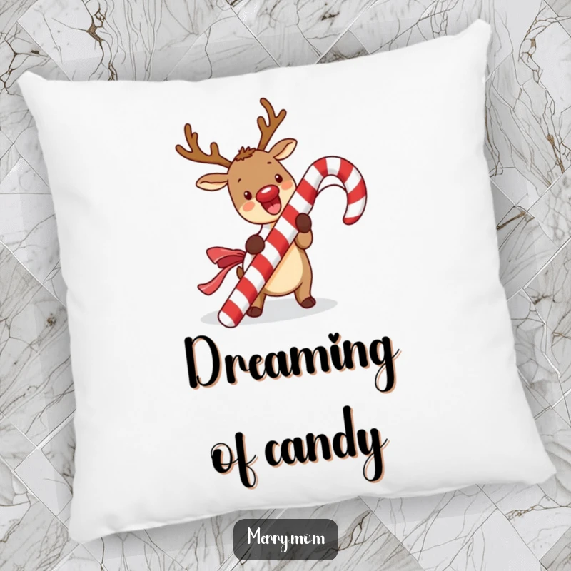 Funny kawaii reindeer pillow featuring a cute reindeer excitedly unwrapping a giant candy cane, perfect for cozy, festive cuddles.