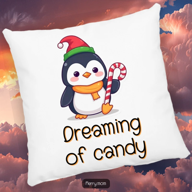 Funny Kawaii Penguin Pillow, perfect for cuddling, wearing an elf hat and holding a candy cane for festive comfort.