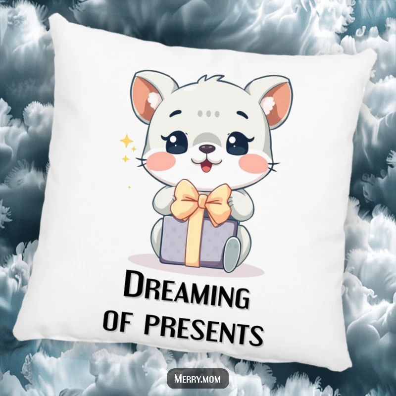 Funny pillow depicting an animal with sparkling eyes, joyfully unwrapping a gift, adding festive charm.