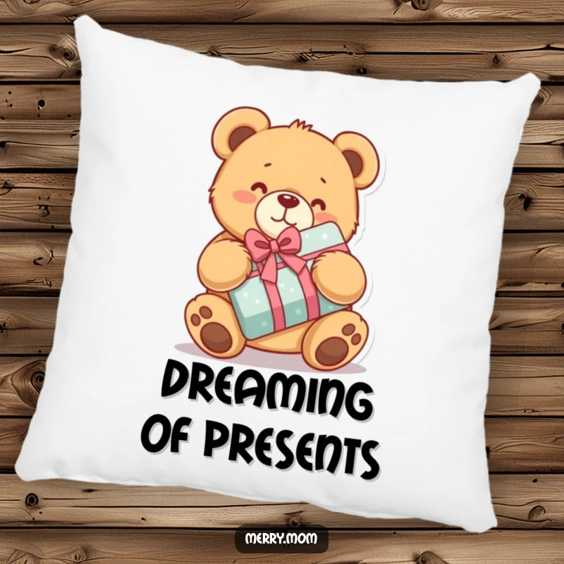 Funny pillow with a kawaii teddy bear hugging a wrapped present, offering cozy comfort and undeniable sweetness.