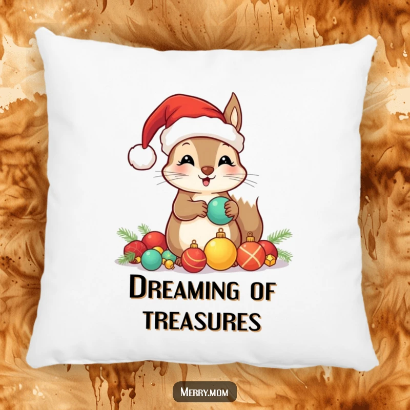 Funny pillow with a kawaii squirrel in a Santa hat, collecting shiny ornaments, offering festive comfort and humor.
