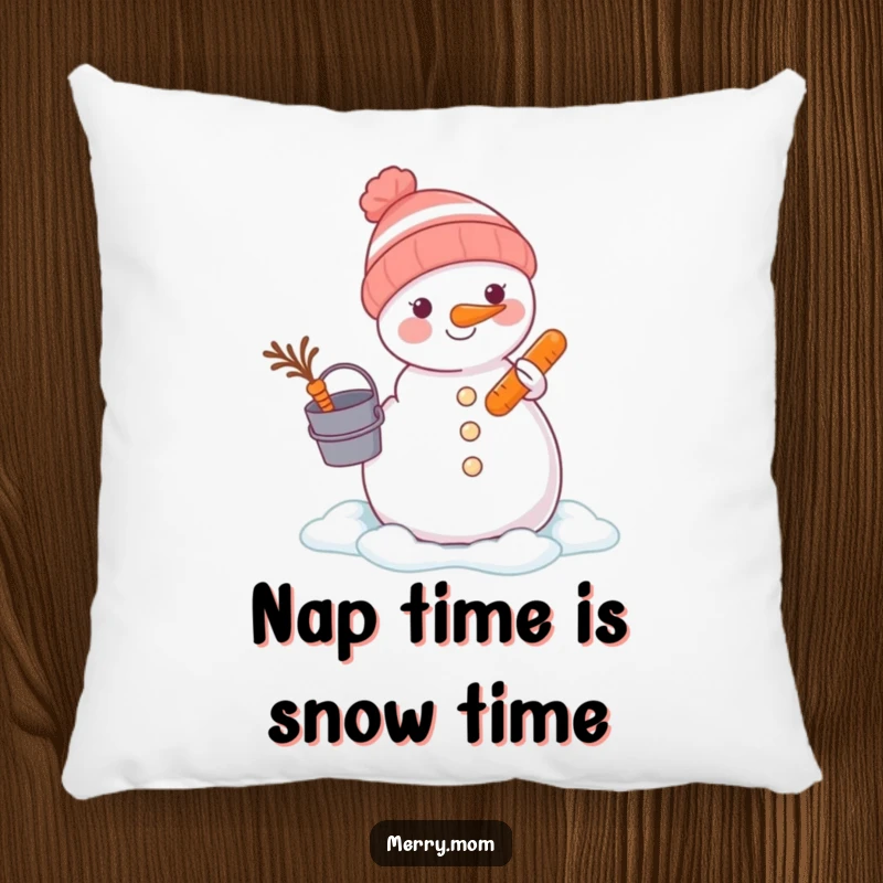 Funny animal building a snowman with a bucket and carrot on a soft pillow, bringing winter comfort and humor.
