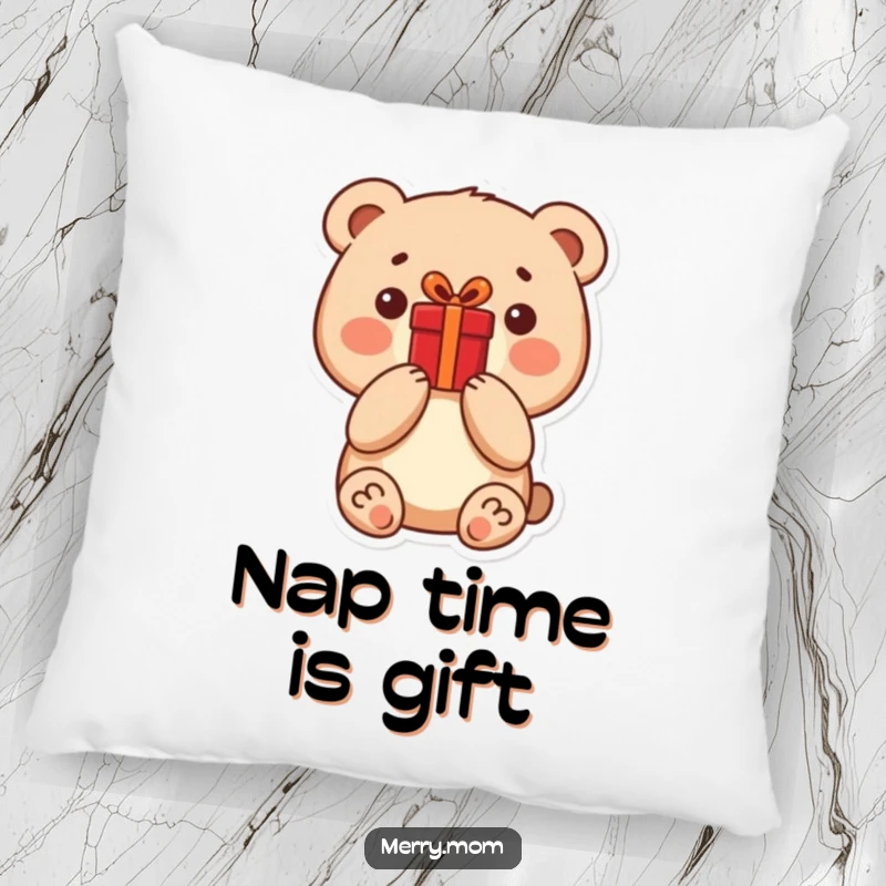 A funny little bear character holding a bright red present, featured on a soft and cozy decorative pillow.