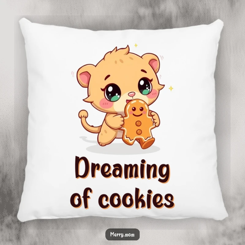 Funny decorative pillow featuring a cute creature with sparkling eyes, chasing a gingerbread cookie, adding playful cheer to rooms.