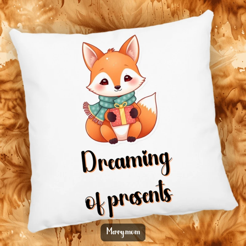 Funny festive fox in a sparkly scarf holding a gift box, soft decorative pillow, cute holiday home decor item.