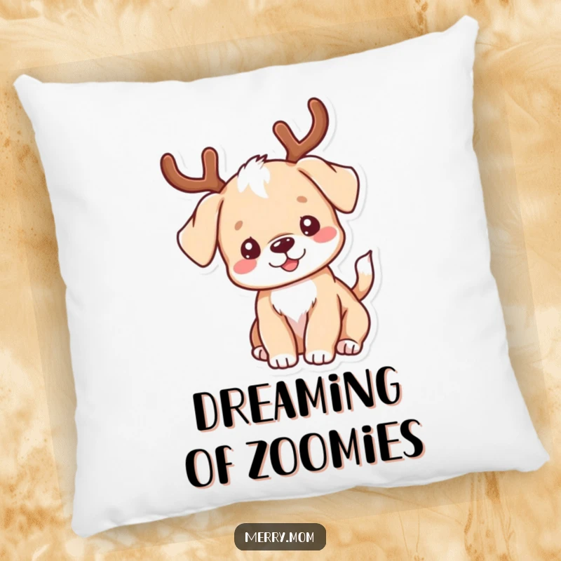 Funny kawaii puppy with antlers, wagging its tail, designed on a plush pillow for humorous and festive decor.