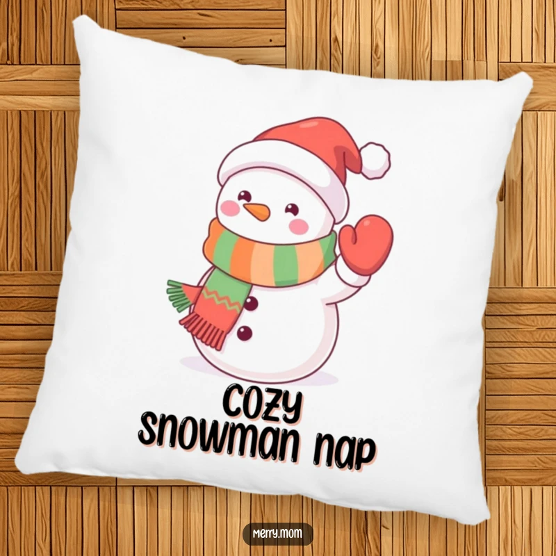 Funny kawaii snowman pillow featuring a cute snowman wearing a festive scarf and waving a mitten, perfect for cozy, winter cuddles.