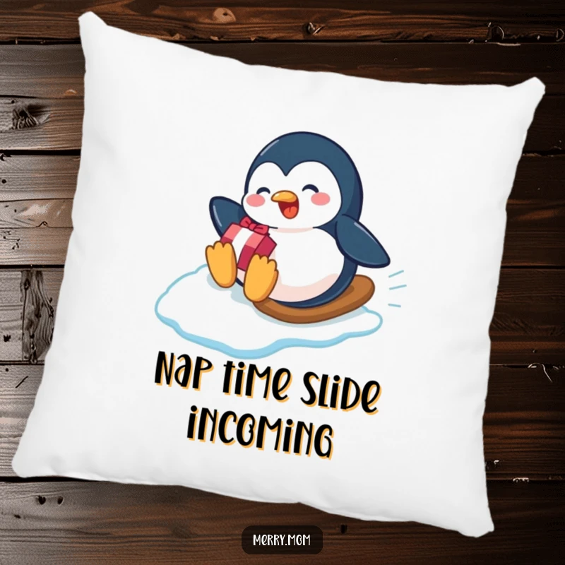 Funny playful penguin sliding down an icy slope with a gift on a pillow, a cute and cozy winter accent.