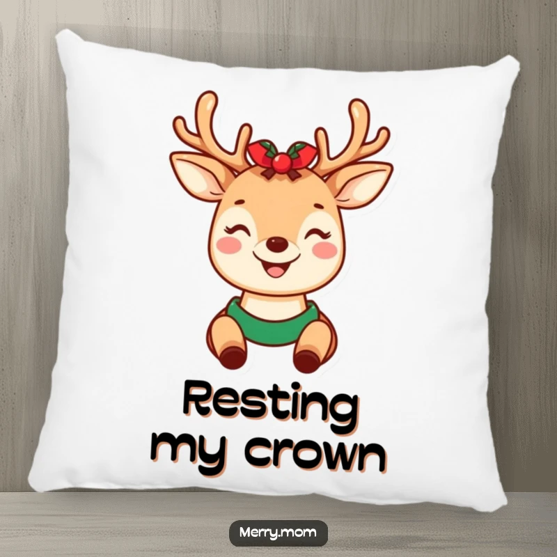 Funny decorative pillow with a sweet kawaii deer mom wearing festive holiday antlers, perfect for adding comfort and cheer.