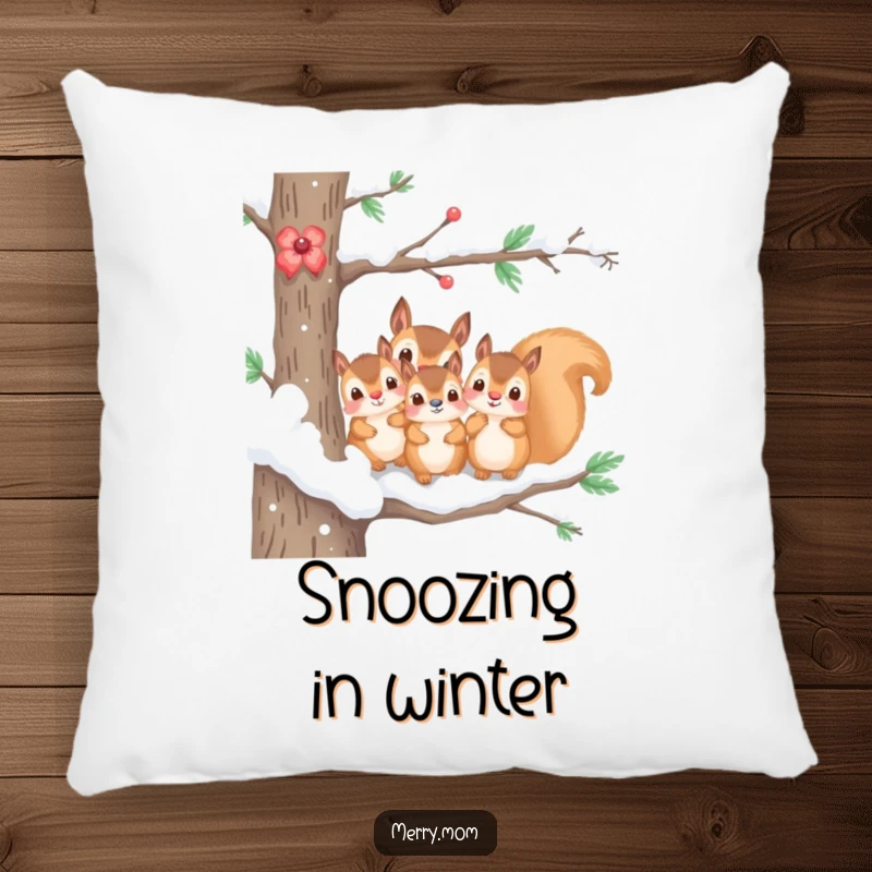 Funny decorative pillow featuring a kawaii squirrel family peeking from a snowy branch, adding winter coziness to any room.