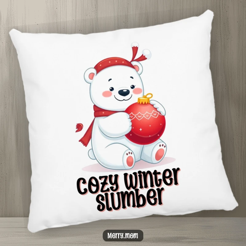 Funny throw pillow with a jolly polar bear hugging a big red ornament, ideal for cozy holiday nights.