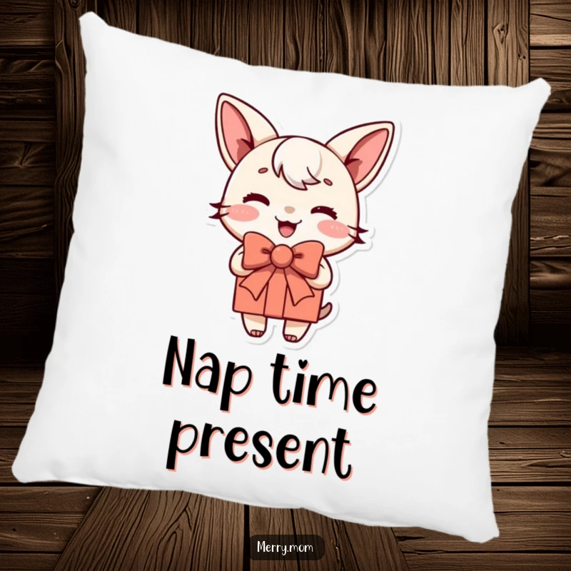 Funny pillow featuring a joyful present character with a jauntily tied bow, offering comfort and a festive, cheerful feel.