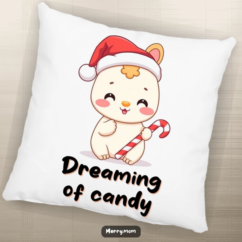 Funny pillow with a cheerful animal wearing a Santa hat and holding a candy cane, offering festive comfort.