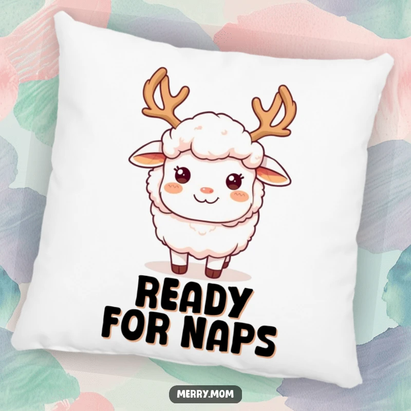 A funny, fluffy sheep wearing reindeer antlers and a joyful smile, featured on a soft, decorative pillow.