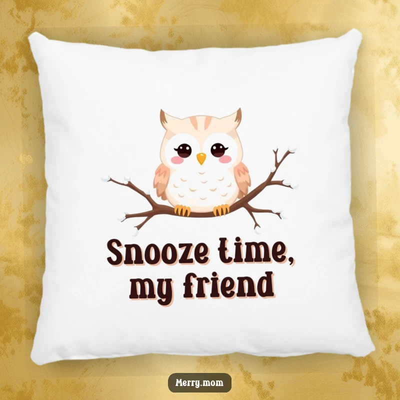 Funny Snowy Owl pillow with a happy owl peeking from a snowy branch, adding whimsical winter charm.