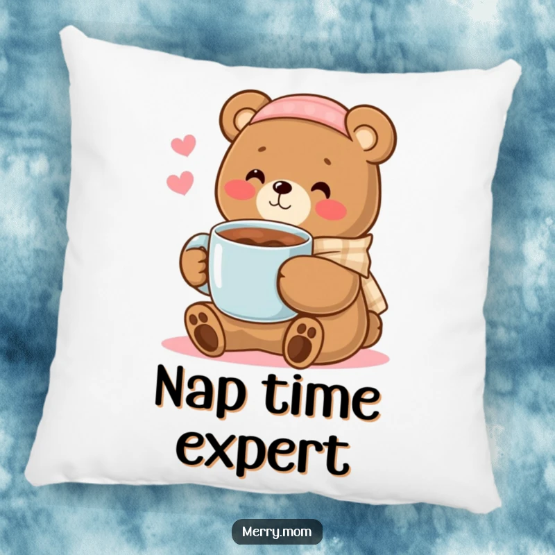 Kawaii bear mom offering a mug of cocoa, a soft and humorous decorative pillow for ultimate coziness.