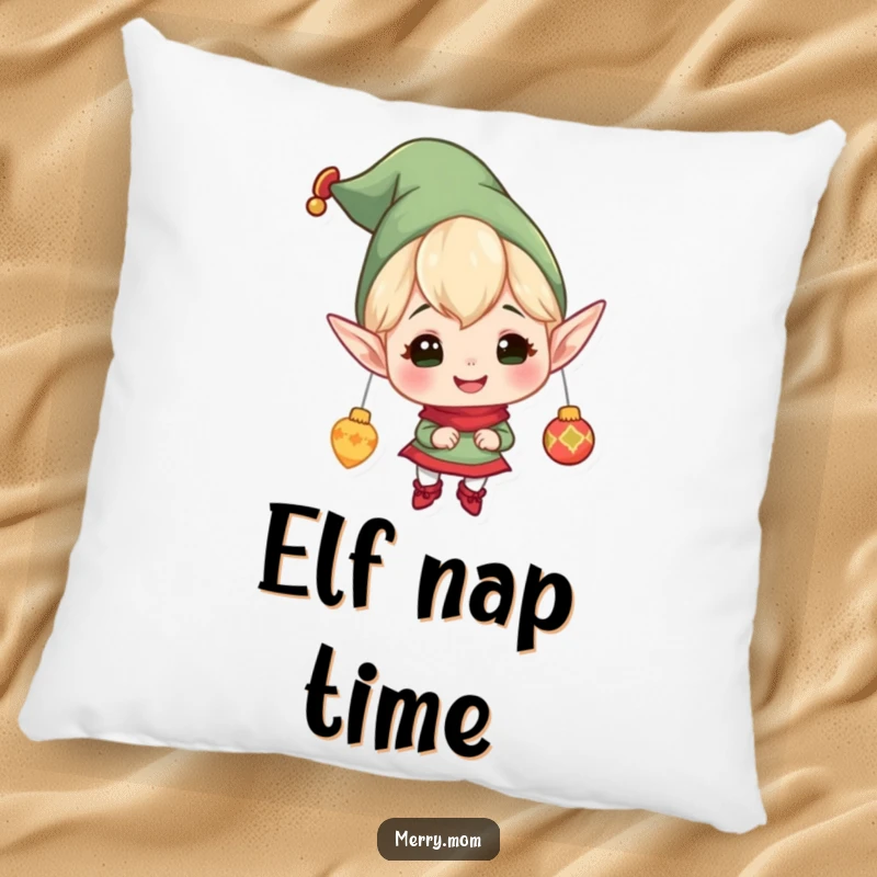 Funny pillow designed with a cheerful elf character with pointy ears, gleefully hanging ornaments, offering plush comfort and holiday cheer.