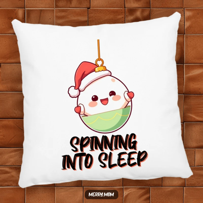 Funny pillow with a cute Kawaii Christmas ornament character happily spinning, offering cozy holiday humor.