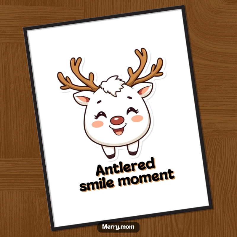 Funny digital art print of a creature wearing reindeer antlers and a broad smile, bringing instant holiday cheer.