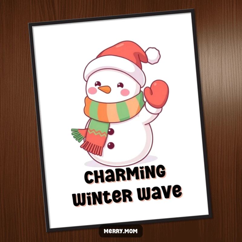 Funny kawaii snowman digital art print of a cute snowman wearing a festive scarf and waving a mitten, perfect for instant winter decor.