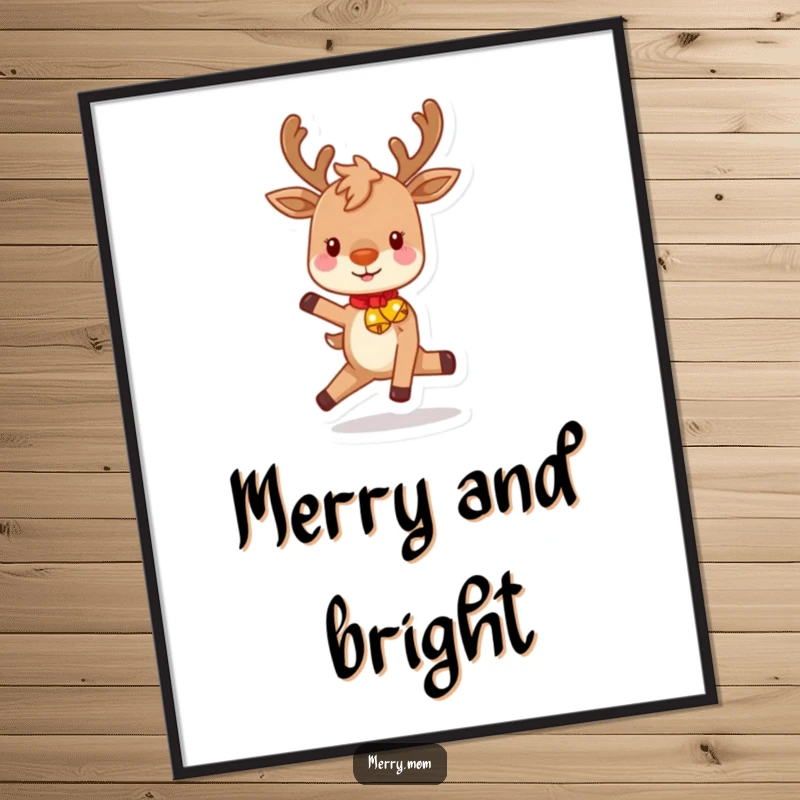 Funny digital art print of a playful reindeer with rosy cheeks, prancing joyfully with festive bells, ready for instant holiday decorating.