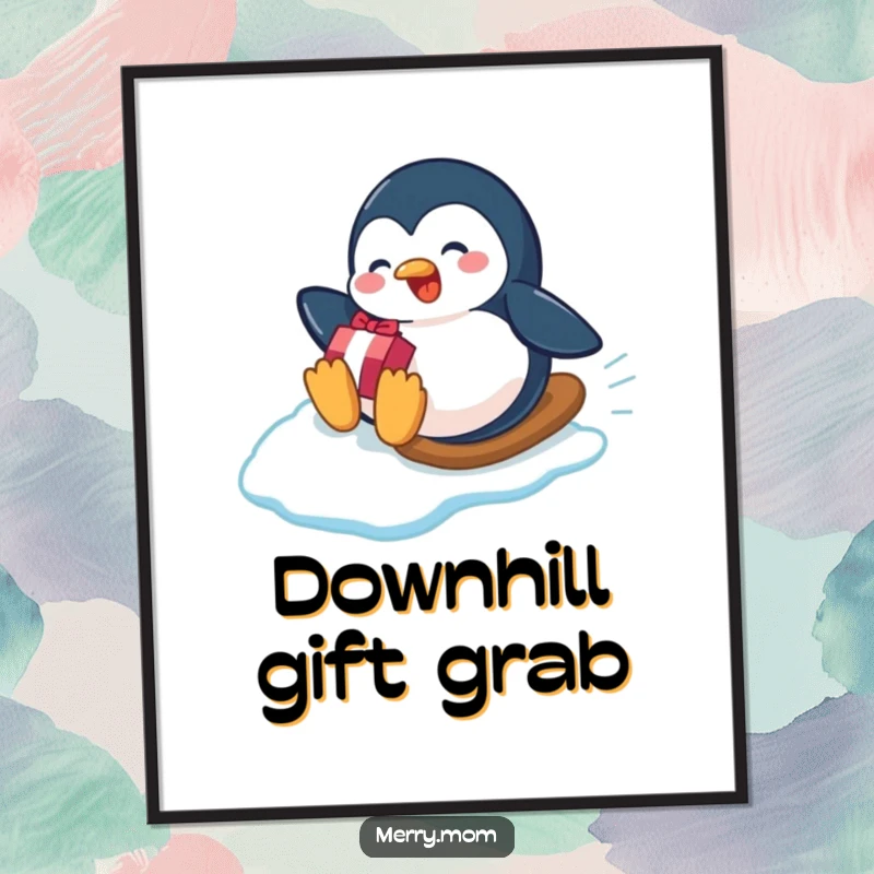 Funny playful penguin sliding down an icy slope with a gift, playful digital art print for humorous winter decor.