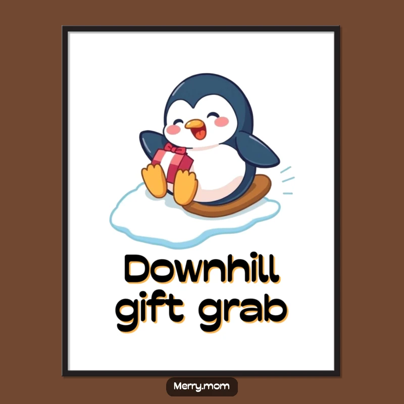 Funny Penguin Gift Slide Digital Art - Playful Winter Decor, Instant Download Gift