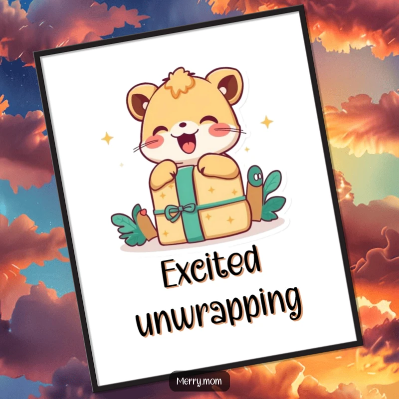 Happy Animal Gift Digital Art Print, showing an animal unwrapping a present with visible excitement and a happy, joyful expression.