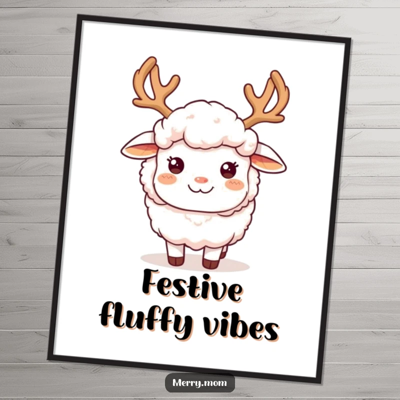 Funny fluffy sheep wearing reindeer antlers and a joyful smile, available as a downloadable digital art print.